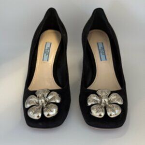 Prada Black Suede Flower Block Heel Pumps 37.5 (US 7.5)